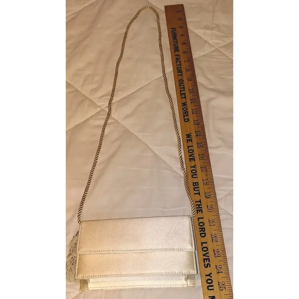 NWOT 100% Pure Silk Champagne Gold Flap Evening Clutch Crossbody Bag Tassel